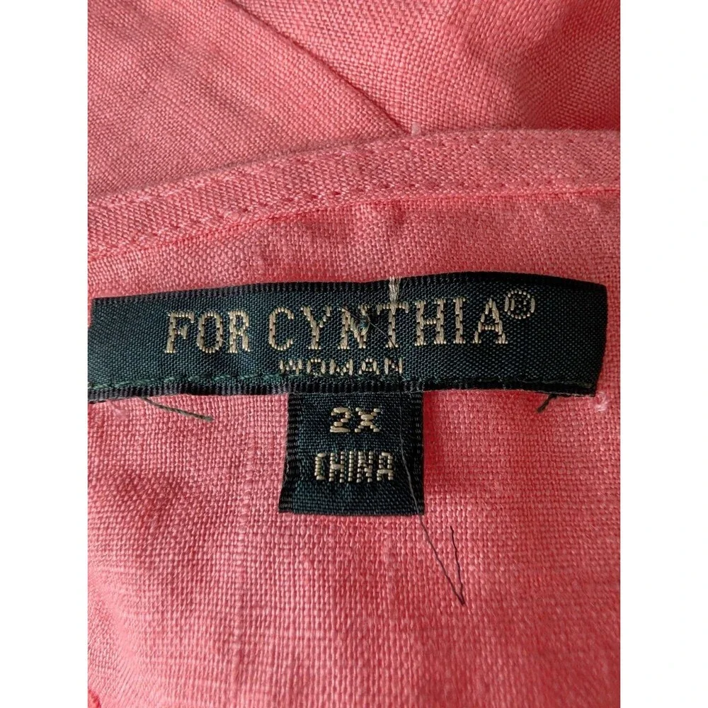 FOR CYNTHIA Womens 2X Coral 100% Linen Ruffled Bell Sleeve Top Blouse Shirt
